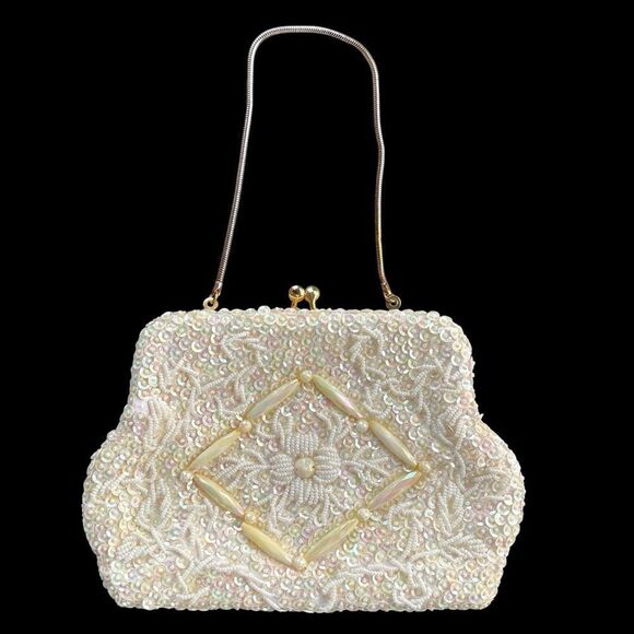 Vintage Opalescent Sequin Seed Bead Kisslock Snake Chain Evening Frame Purse - Picture 1 of 16